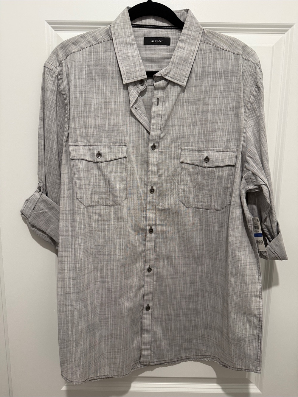 Alfani Light Gray Plaid Long-Sleeve Button-Down Shirt